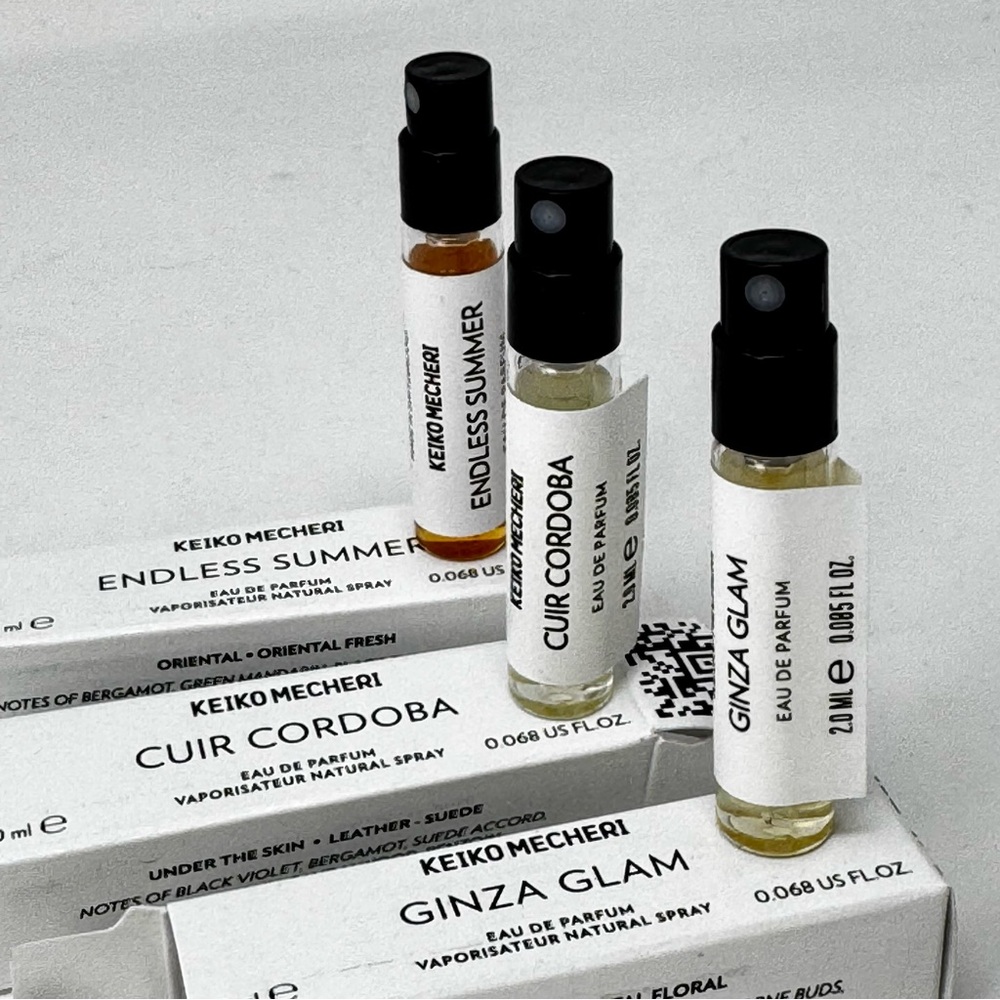 Keiko Mecheri Eau de Parfum samples, Endless Summer, Cuir Cordoba, Ginza Glam